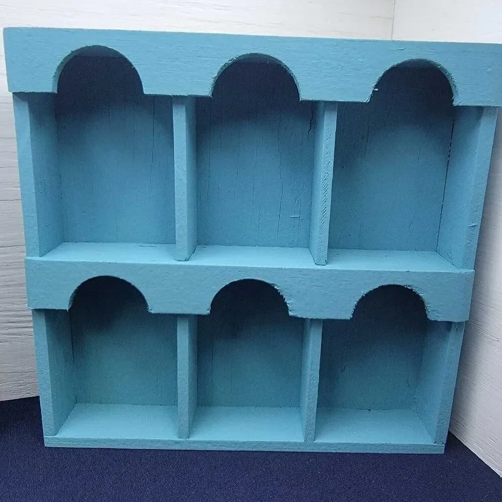 Teal Arched Cubby Shelves Pair 6 Compartment Wood Display Storage 8.25x8